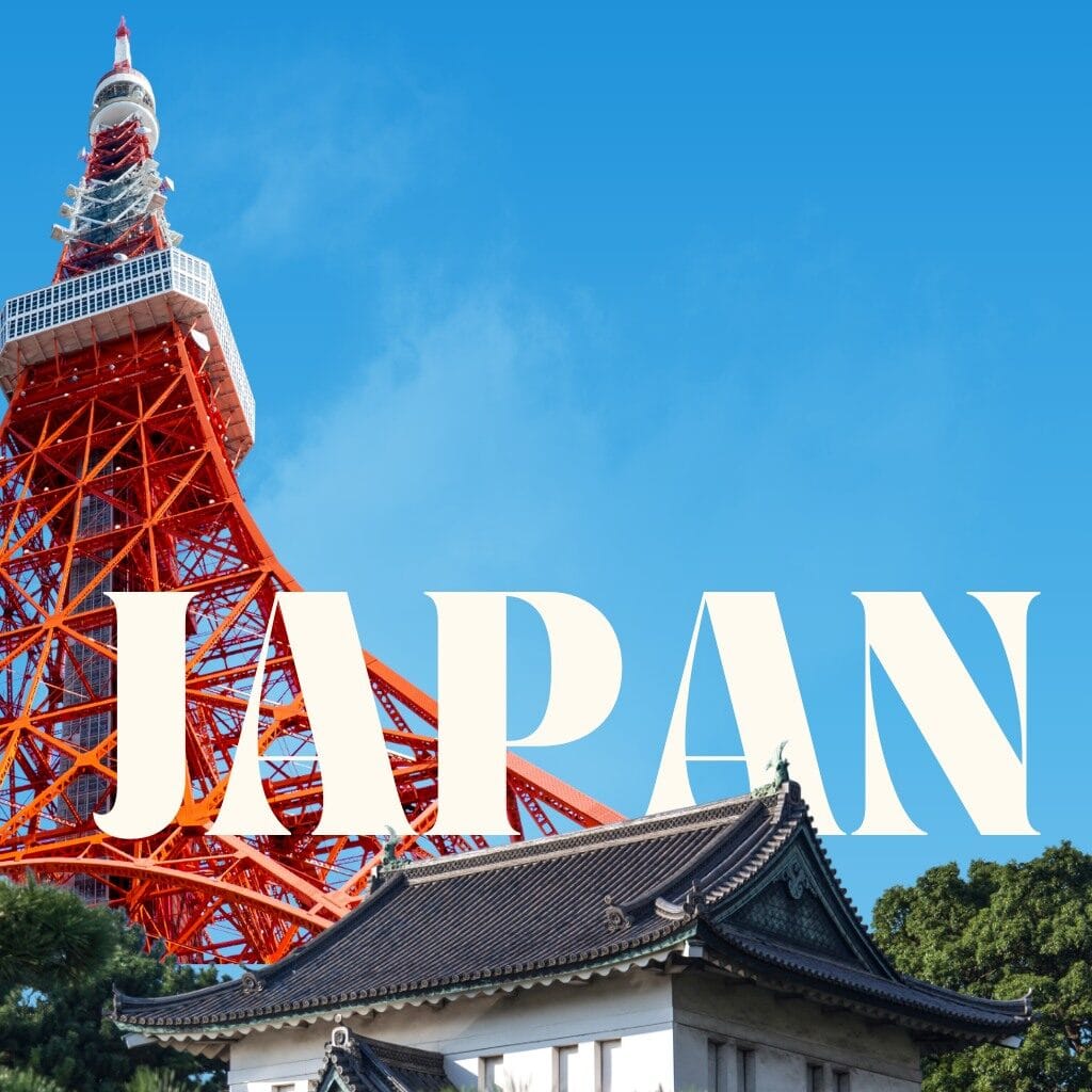 The words JAPAN in front of a Japanese tower