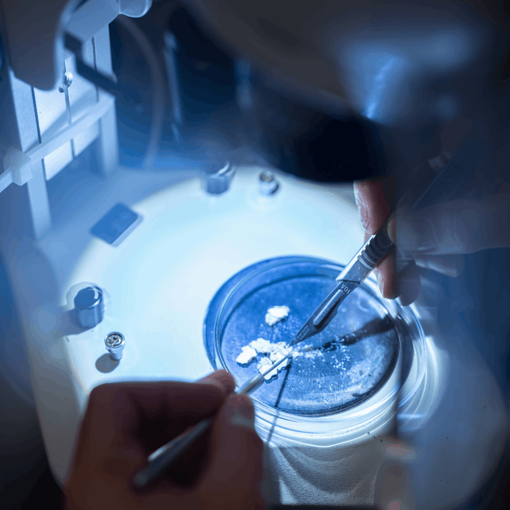 A science dish containing a small substance being explored